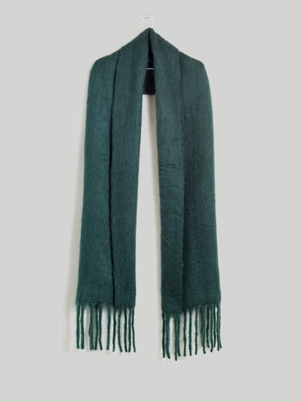 Madewell Dark Forest Earthy Green Fuzzy Contrast-Fringe Knit Scarf In Old Spruce